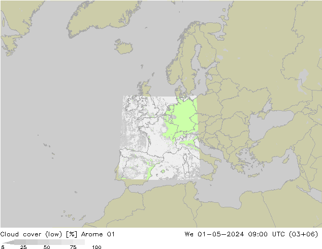 Cloud cover (low) Arome 01 We 01.05.2024 09 UTC