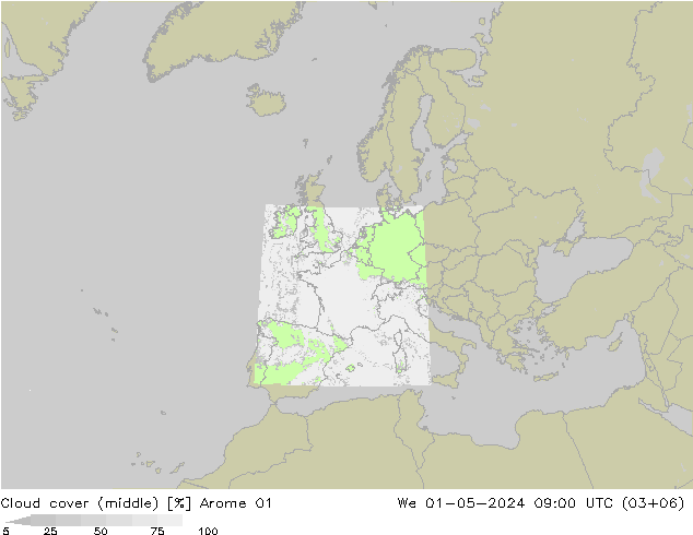 zachmurzenie (środk.) Arome 01 śro. 01.05.2024 09 UTC