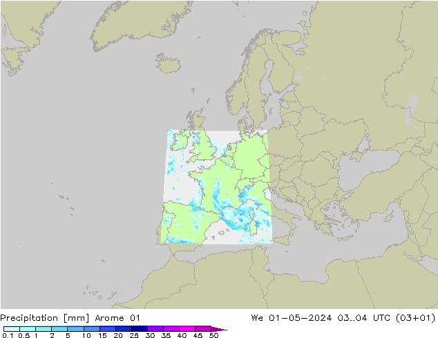 Srážky Arome 01 St 01.05.2024 04 UTC