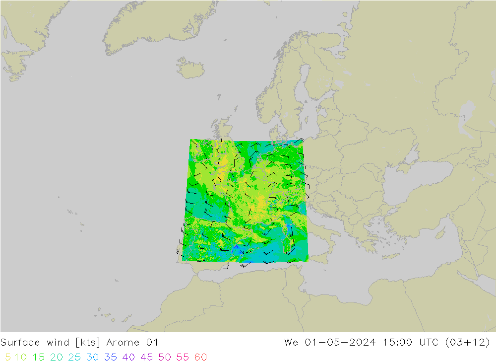 Vento 10 m Arome 01 mer 01.05.2024 15 UTC