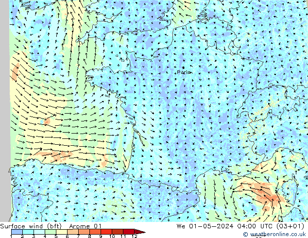 Surface wind (bft) Arome 01 We 01.05.2024 04 UTC