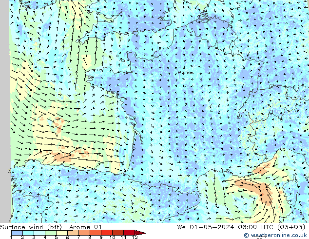 Viento 10 m (bft) Arome 01 mié 01.05.2024 06 UTC