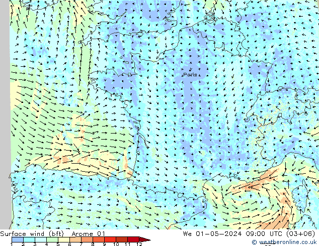 Wind 10 m (bft) Arome 01 wo 01.05.2024 09 UTC