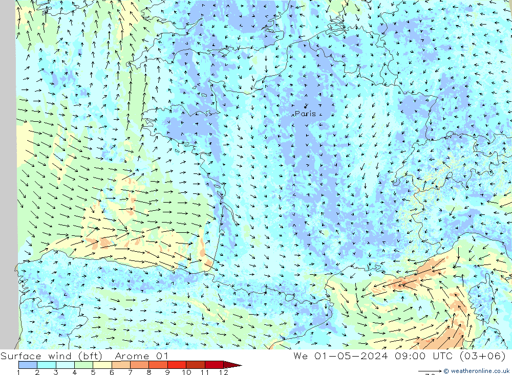 Surface wind (bft) Arome 01 We 01.05.2024 09 UTC