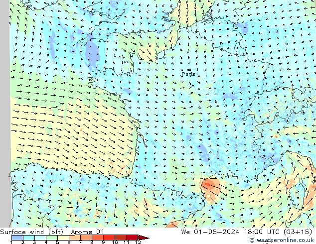 Surface wind (bft) Arome 01 We 01.05.2024 18 UTC