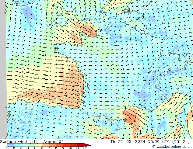 Surface wind (bft) Arome 01 Čt 02.05.2024 03 UTC