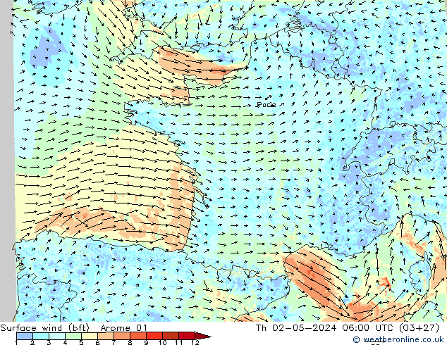 Surface wind (bft) Arome 01 Th 02.05.2024 06 UTC