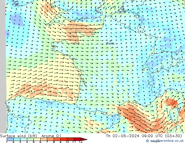 Wind 10 m (bft) Arome 01 do 02.05.2024 09 UTC