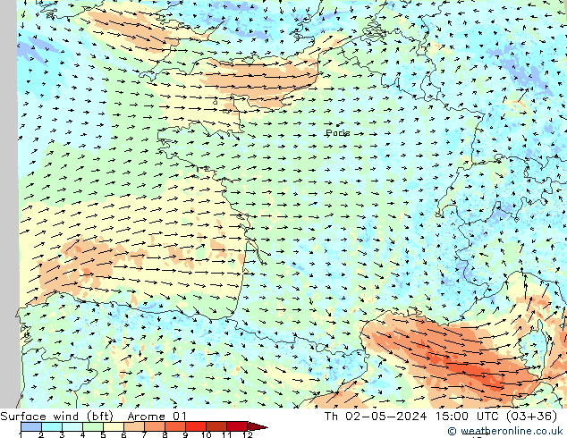 Rüzgar 10 m (bft) Arome 01 Per 02.05.2024 15 UTC