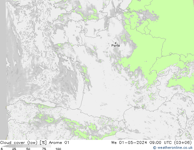 Cloud cover (low) Arome 01 We 01.05.2024 09 UTC