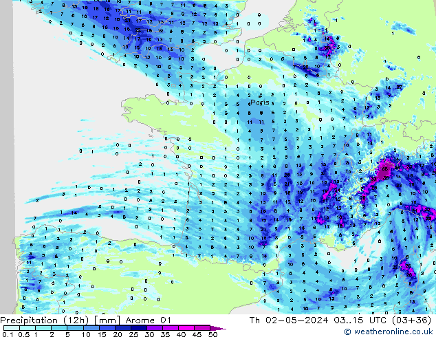 Précipitation (12h) Arome 01 jeu 02.05.2024 15 UTC