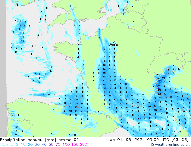 Nied. akkumuliert Arome 01 Mi 01.05.2024 09 UTC