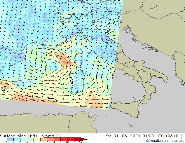 Viento 10 m (bft) Arome 01 mié 01.05.2024 04 UTC