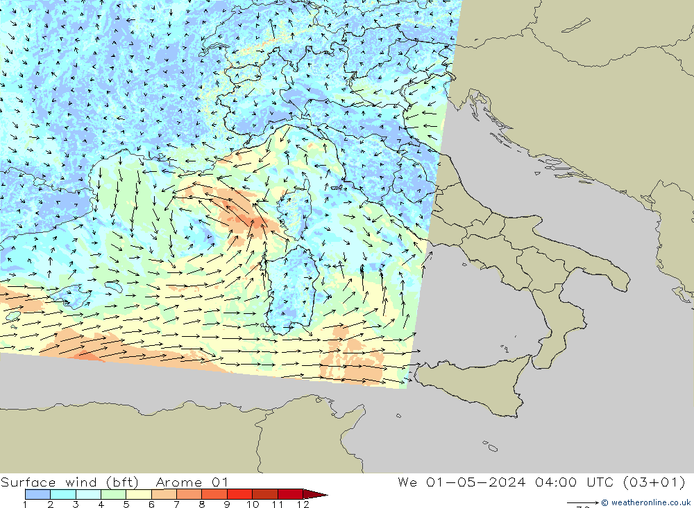 Vento 10 m (bft) Arome 01 mer 01.05.2024 04 UTC