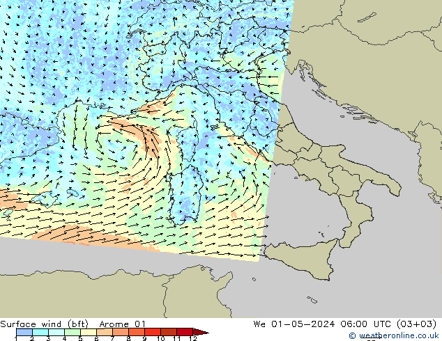 Vento 10 m (bft) Arome 01 mer 01.05.2024 06 UTC