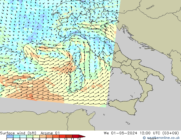 Vent 10 m (bft) Arome 01 mer 01.05.2024 12 UTC