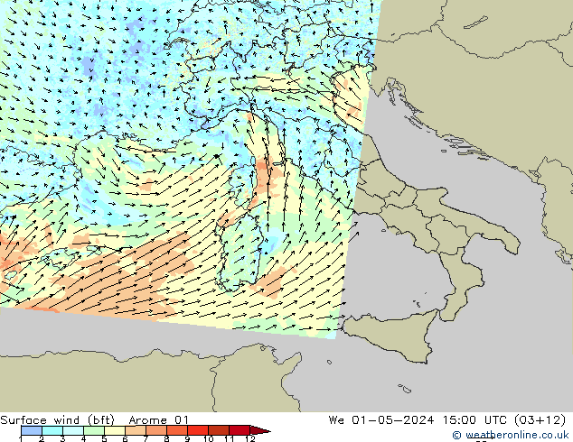 Wind 10 m (bft) Arome 01 wo 01.05.2024 15 UTC