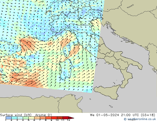 Bodenwind (bft) Arome 01 Mi 01.05.2024 21 UTC