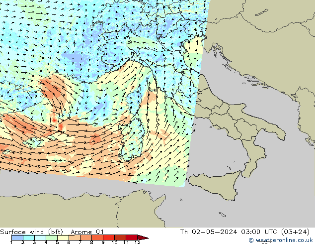 Vento 10 m (bft) Arome 01 Qui 02.05.2024 03 UTC