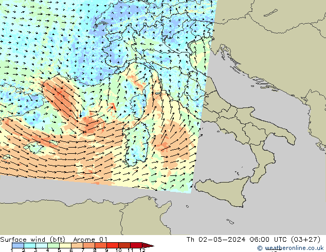 Vento 10 m (bft) Arome 01 Qui 02.05.2024 06 UTC