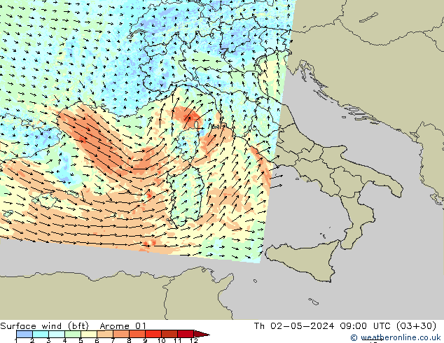 Surface wind (bft) Arome 01 Čt 02.05.2024 09 UTC