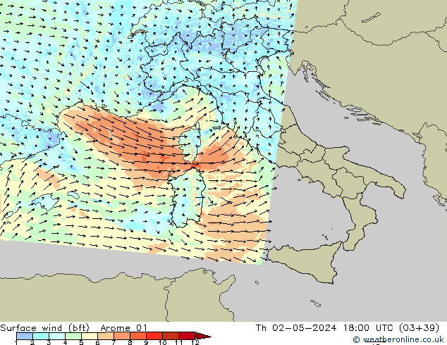 Bodenwind (bft) Arome 01 Do 02.05.2024 18 UTC