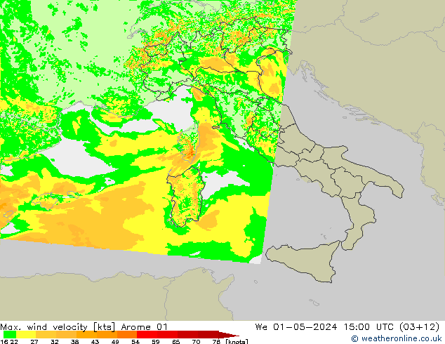 Max. wind velocity Arome 01 We 01.05.2024 15 UTC