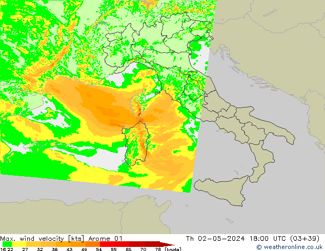 Max. wind velocity Arome 01 czw. 02.05.2024 18 UTC