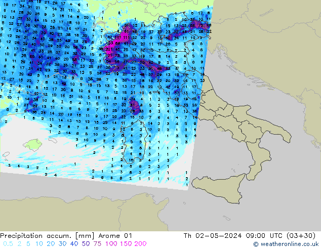 Precipitation accum. Arome 01 czw. 02.05.2024 09 UTC