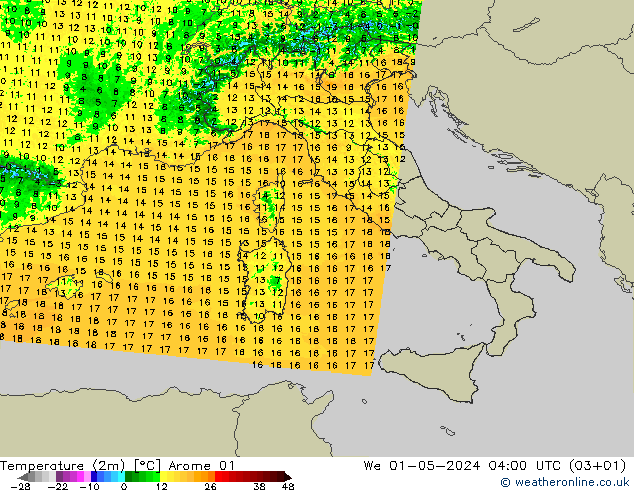 карта температуры Arome 01 ср 01.05.2024 04 UTC