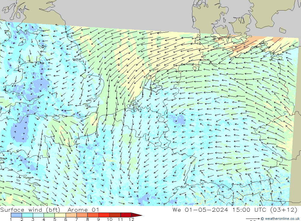 Surface wind (bft) Arome 01 We 01.05.2024 15 UTC