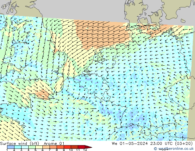 Viento 10 m (bft) Arome 01 mié 01.05.2024 23 UTC