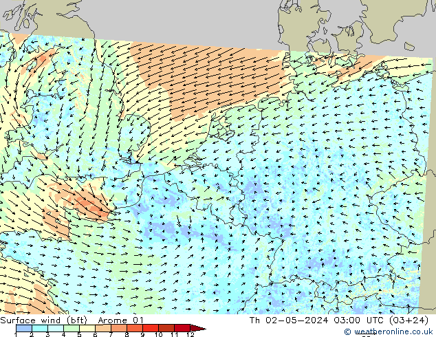 Rüzgar 10 m (bft) Arome 01 Per 02.05.2024 03 UTC