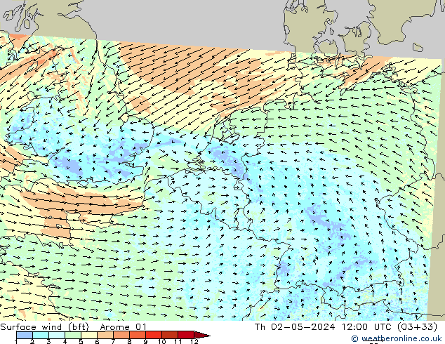 Surface wind (bft) Arome 01 Čt 02.05.2024 12 UTC