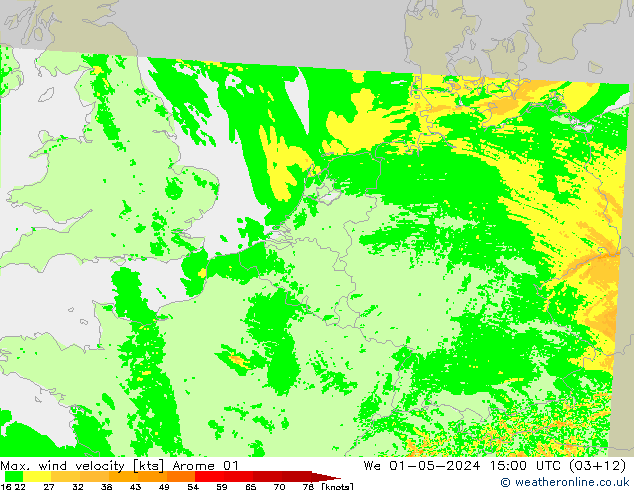 Max. wind velocity Arome 01 We 01.05.2024 15 UTC