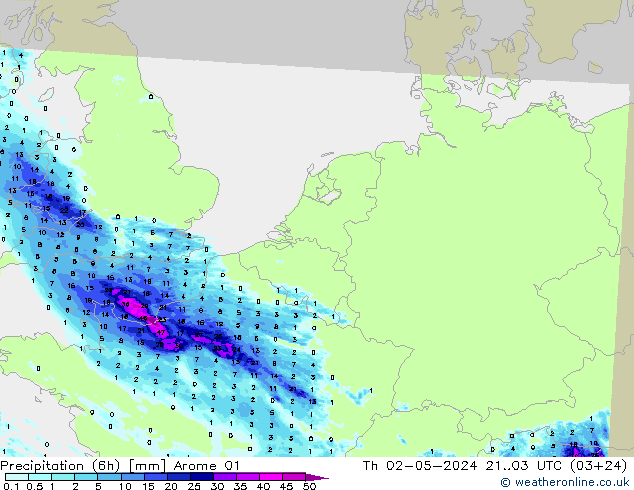 Precipitación (6h) Arome 01 jue 02.05.2024 03 UTC