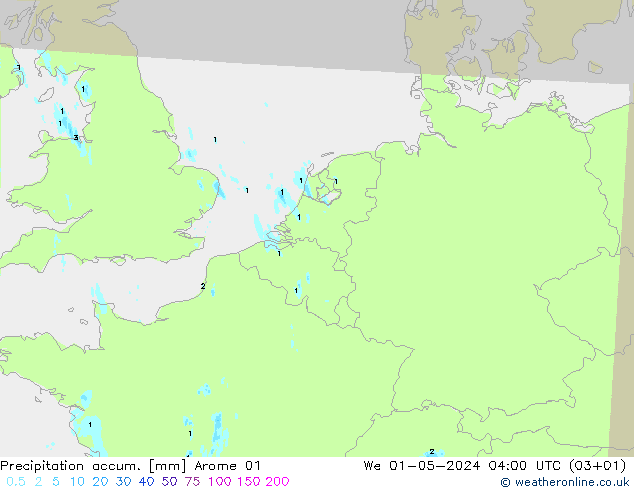 Totale neerslag Arome 01 wo 01.05.2024 04 UTC