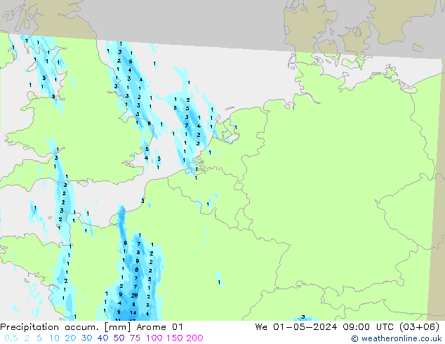 Totale neerslag Arome 01 wo 01.05.2024 09 UTC