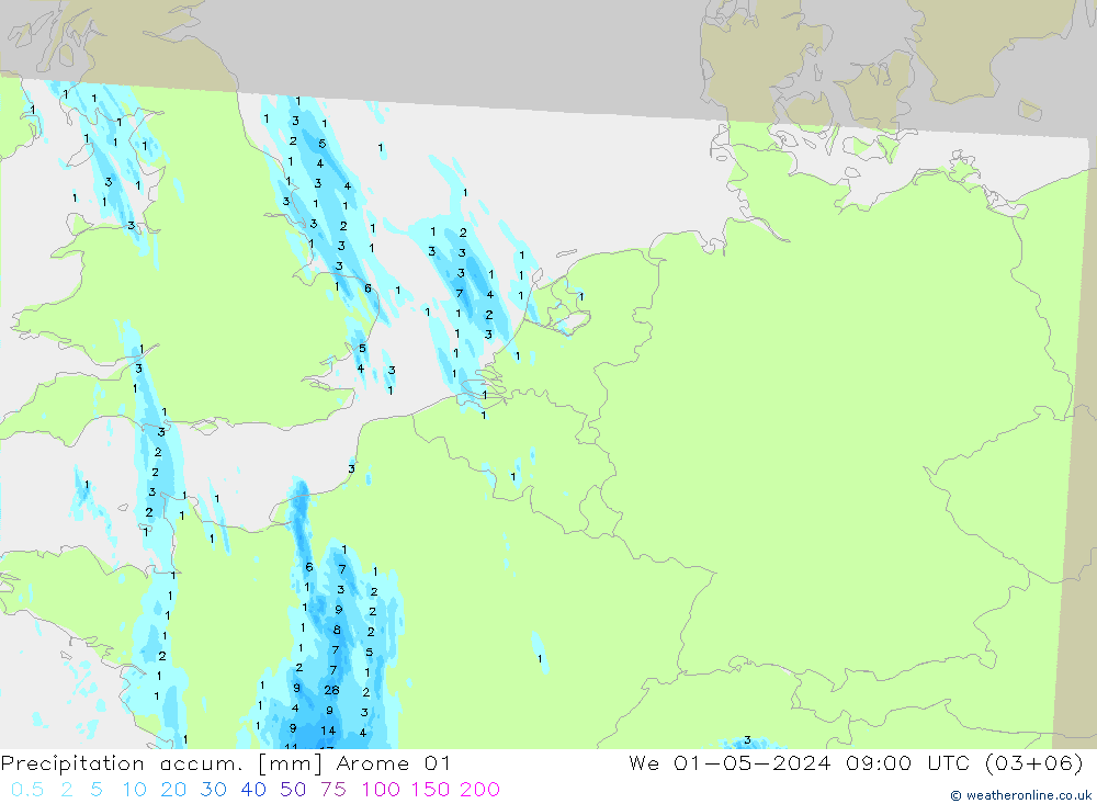 Totale neerslag Arome 01 wo 01.05.2024 09 UTC