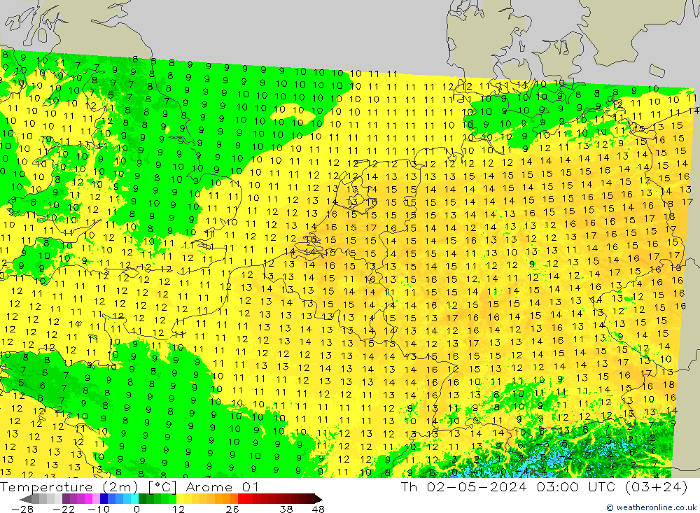 Temperatura (2m) Arome 01 jue 02.05.2024 03 UTC