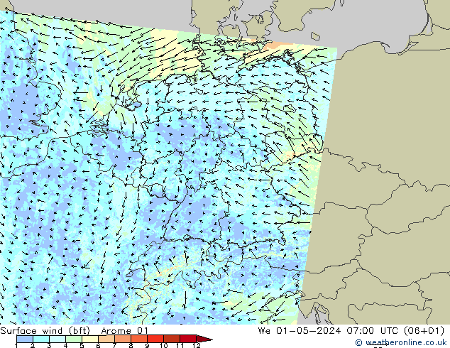 Bodenwind (bft) Arome 01 Mi 01.05.2024 07 UTC