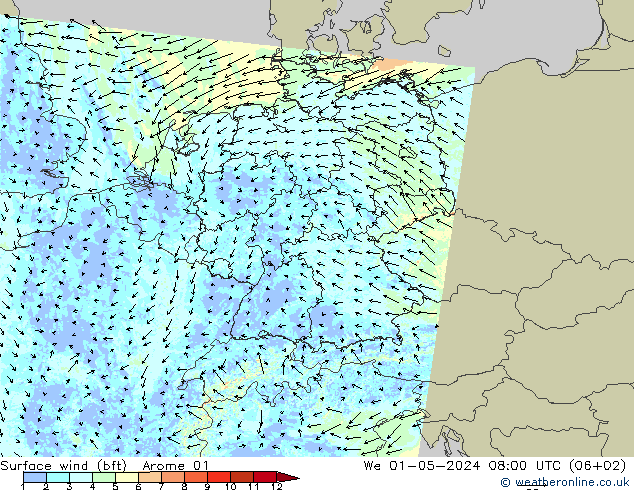 Bodenwind (bft) Arome 01 Mi 01.05.2024 08 UTC