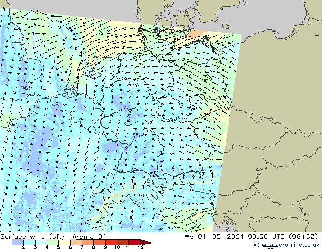 Wind 10 m (bft) Arome 01 wo 01.05.2024 09 UTC