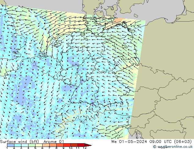 Viento 10 m (bft) Arome 01 mié 01.05.2024 09 UTC