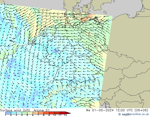 Vento 10 m (bft) Arome 01 mer 01.05.2024 12 UTC