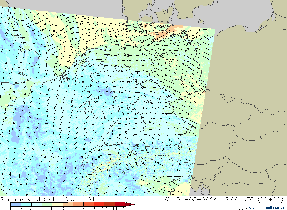 Surface wind (bft) Arome 01 We 01.05.2024 12 UTC