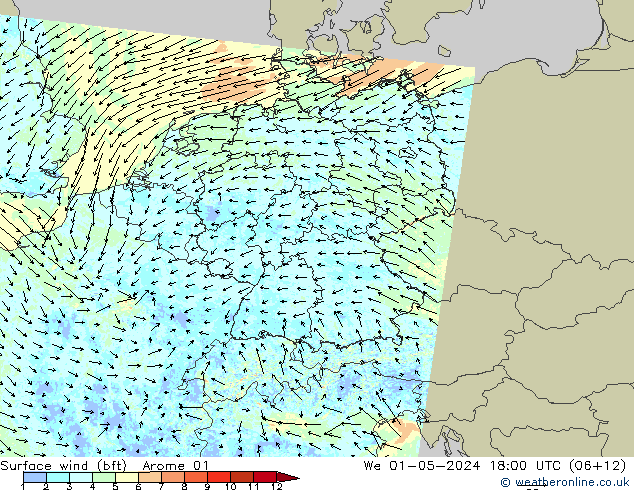 Wind 10 m (bft) Arome 01 wo 01.05.2024 18 UTC