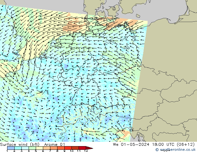 Vento 10 m (bft) Arome 01 Qua 01.05.2024 18 UTC