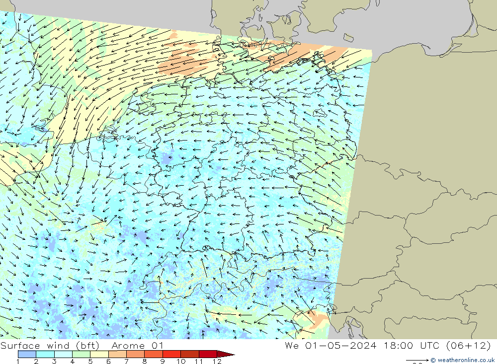 wiatr 10 m (bft) Arome 01 śro. 01.05.2024 18 UTC