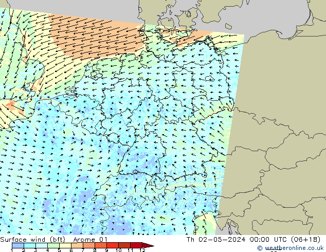 wiatr 10 m (bft) Arome 01 czw. 02.05.2024 00 UTC